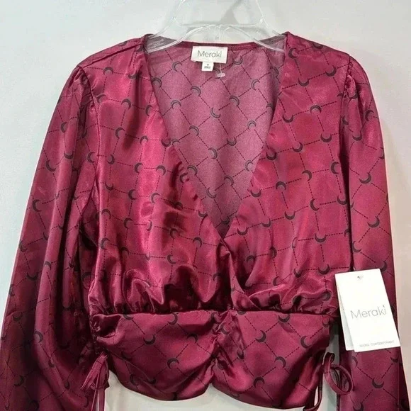 Meraki Juniors Long Sleeve Deep Plunge Neck Blouse - Size S - Picture 2 of 12